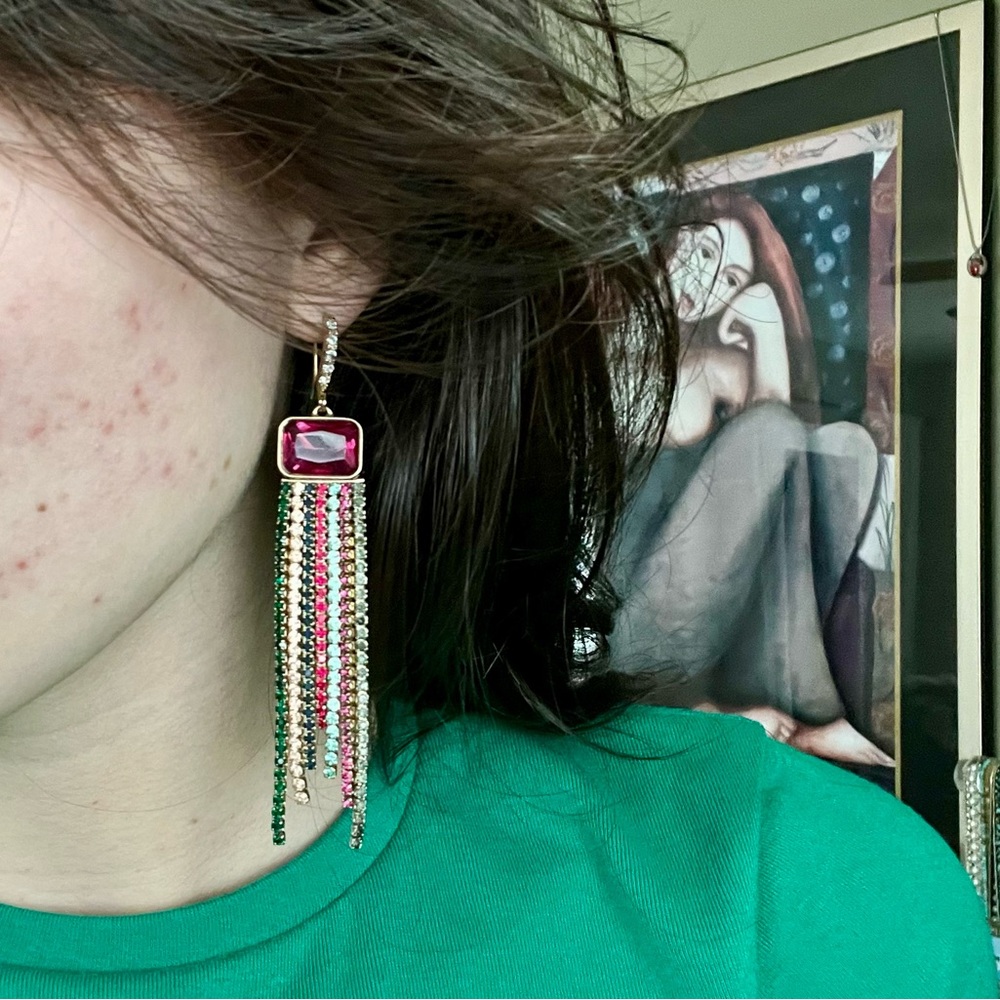 Multicolor Rhinestone Fringe Earrings - Picture 2 of 3